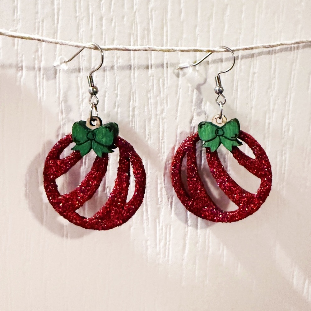 Handmade! Elegant Christmas Ball Wooden Glitter Earrings